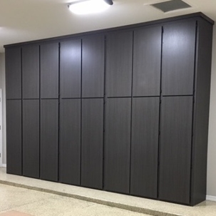 large, dark-colored, handleless storage unit
